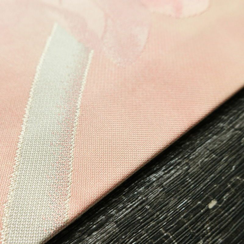 名古屋帯 太鼓柄 良品 正絹 花柄 名古屋仕立て 銀糸 ピンク_画像12