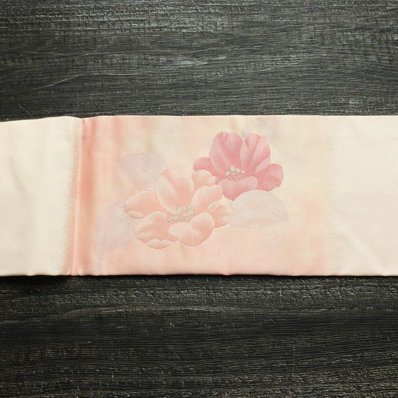 名古屋帯 太鼓柄 良品 正絹 花柄 名古屋仕立て 銀糸 ピンク_画像13
