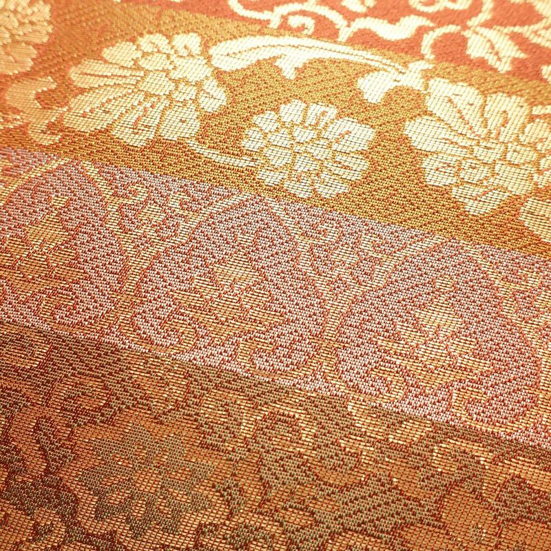 名古屋帯 太鼓柄 正絹 木の葉・植物柄 名古屋仕立て 箔 帯 茶_画像3