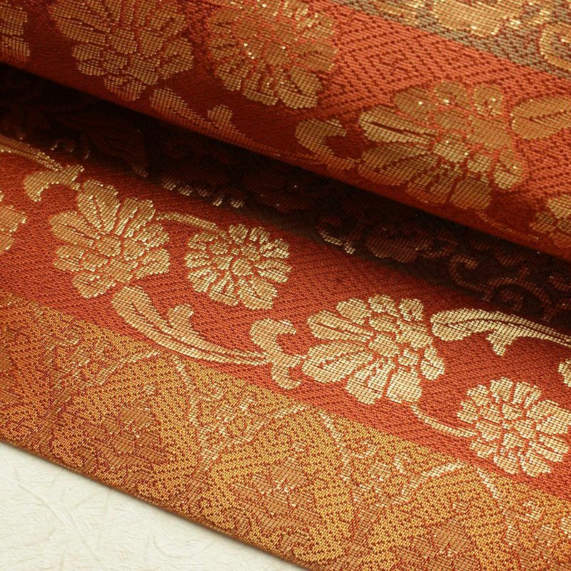 名古屋帯 太鼓柄 正絹 木の葉・植物柄 名古屋仕立て 箔 帯 茶_画像7