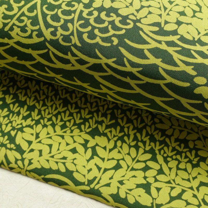 名古屋帯 全通柄 良品 縮緬 正絹 木の葉・植物柄 名古屋仕立て 帯 緑・うぐいす色_画像6