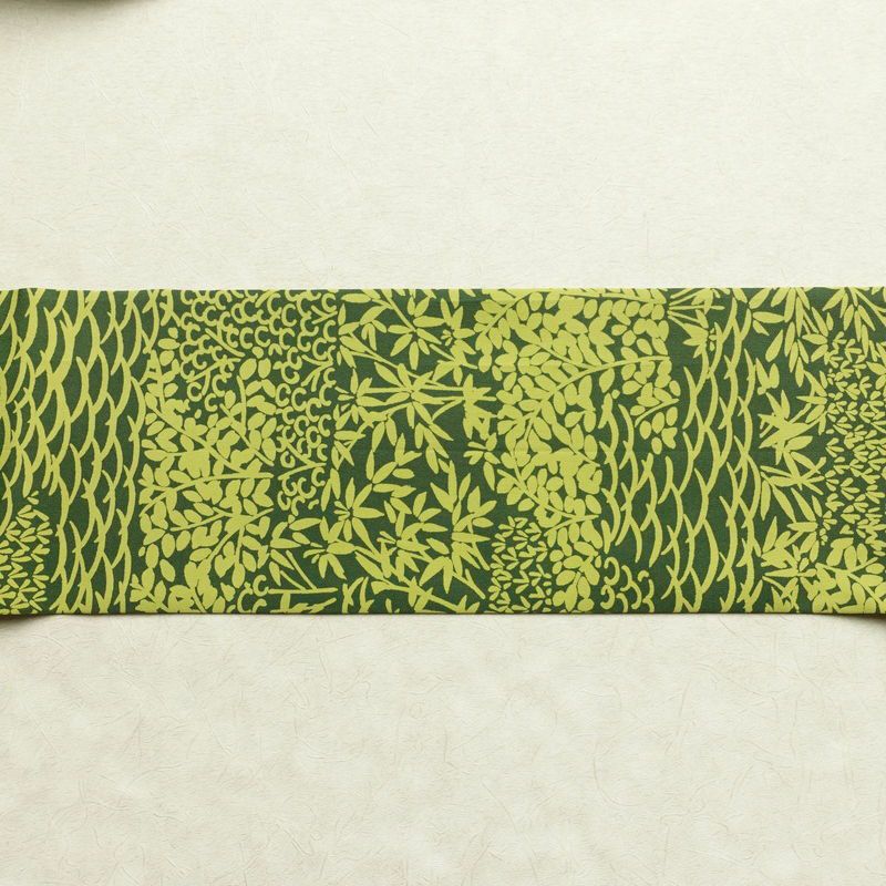 名古屋帯 全通柄 良品 縮緬 正絹 木の葉・植物柄 名古屋仕立て 帯 緑・うぐいす色_画像11