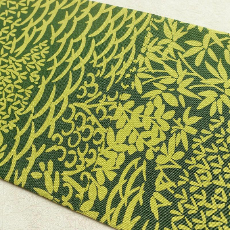 名古屋帯 全通柄 良品 縮緬 正絹 木の葉・植物柄 名古屋仕立て 帯 緑・うぐいす色_画像13