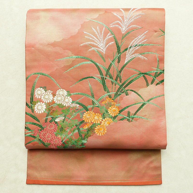 名古屋帯 太鼓柄 良品 正絹 木の葉・植物柄 名古屋仕立て 帯 ピンク_画像1