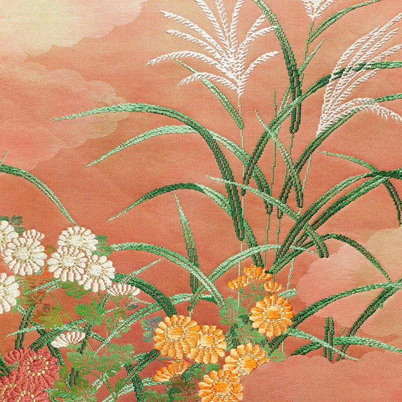 名古屋帯 太鼓柄 良品 正絹 木の葉・植物柄 名古屋仕立て 帯 ピンク_画像2