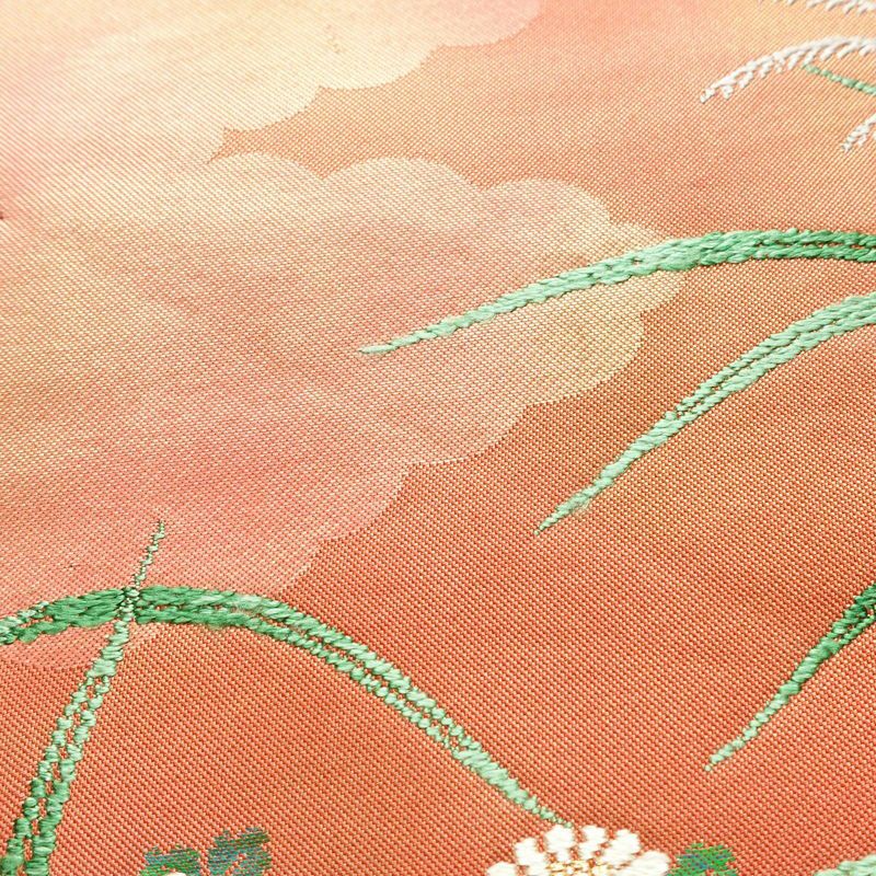 名古屋帯 太鼓柄 良品 正絹 木の葉・植物柄 名古屋仕立て 帯 ピンク_画像6