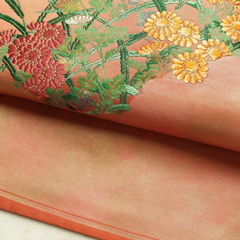 名古屋帯 太鼓柄 良品 正絹 木の葉・植物柄 名古屋仕立て 帯 ピンク_画像7