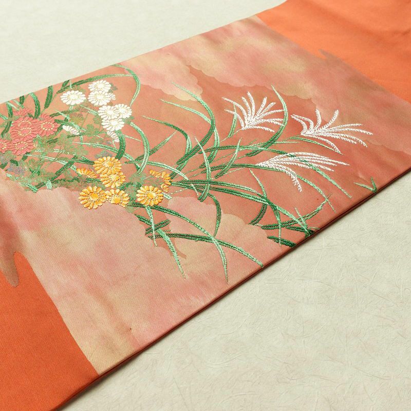 名古屋帯 太鼓柄 良品 正絹 木の葉・植物柄 名古屋仕立て 帯 ピンク_画像11