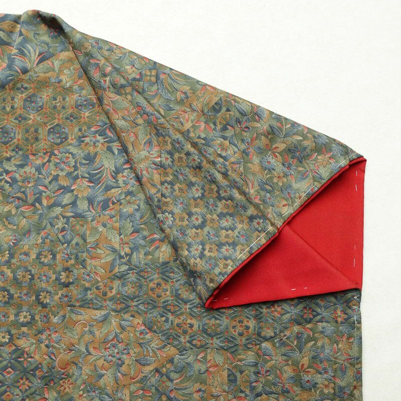 小紋 美品 しつけ糸付き 総柄 正絹 木の葉・植物柄 袷仕立て 身丈160.5cm 裄丈65cm 着物 緑・うぐいす色_画像14