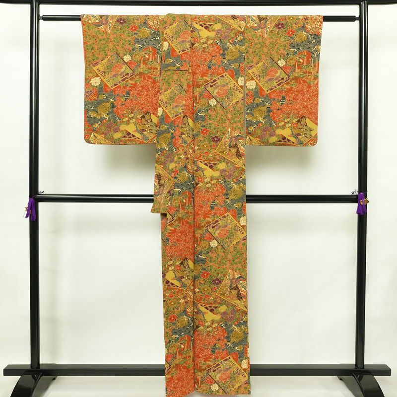 小紋 良品 縮緬 総柄 正絹 古典柄 袷仕立て 身丈159cm 裄丈65cm 着物 橙_画像2