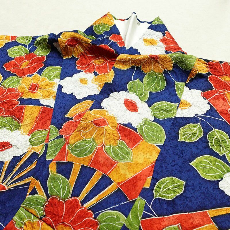 小紋 正絹 花柄 袷仕立て 身丈152cm 裄丈66.5cm 一部しつけ糸付き 着物 青・紺_画像16