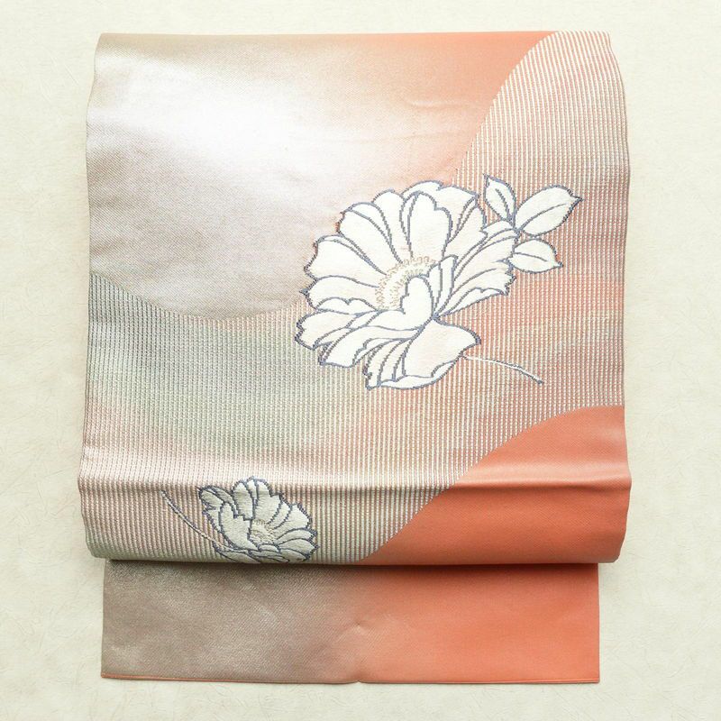 名古屋帯 太鼓柄 正絹 花柄 名古屋仕立て 銀糸 帯 ピンク_画像1