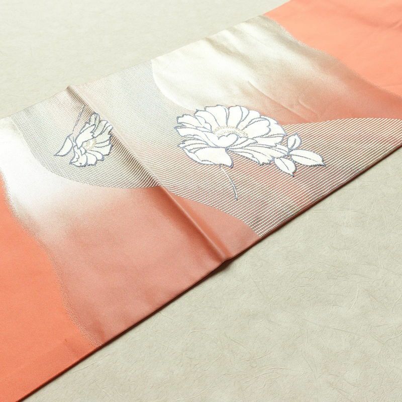 名古屋帯 太鼓柄 正絹 花柄 名古屋仕立て 銀糸 帯 ピンク_画像11