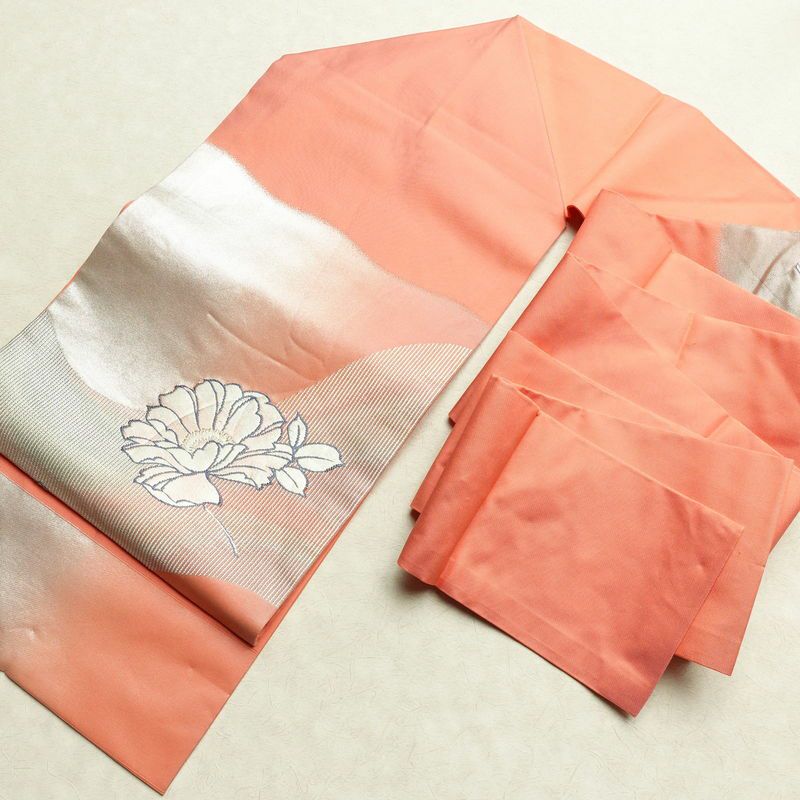 名古屋帯 太鼓柄 正絹 花柄 名古屋仕立て 銀糸 帯 ピンク_画像19