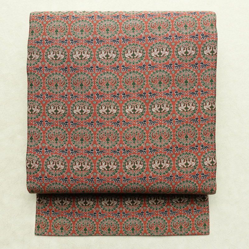 名古屋帯 全通柄 美品 正絹 幾何学柄・抽象柄 名古屋仕立て 帯 ピンク_画像1