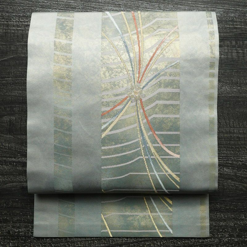 名古屋帯 太鼓柄 正絹 幾何学柄・抽象柄 名古屋仕立て 箔 金糸 帯 青・紺_画像1