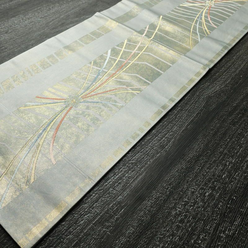 名古屋帯 太鼓柄 正絹 幾何学柄・抽象柄 名古屋仕立て 箔 金糸 帯 青・紺_画像8