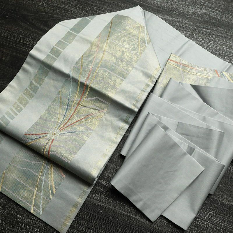 名古屋帯 太鼓柄 正絹 幾何学柄・抽象柄 名古屋仕立て 箔 金糸 帯 青・紺_画像17