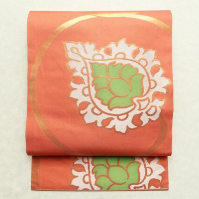 名古屋帯 紬地 六通柄 美品 正絹 花柄 松葉仕立て 帯 橙 | 六通
