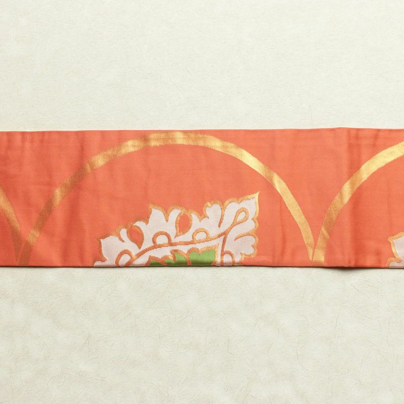 名古屋帯 全通柄 正絹 木の葉・植物柄 名古屋仕立て 箔 帯 橙_画像13