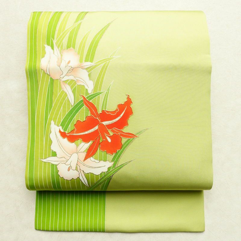 名古屋帯 太鼓柄 良品 金駒刺繍 正絹 花柄 名古屋仕立て 金彩 帯 緑・うぐいす色_画像1