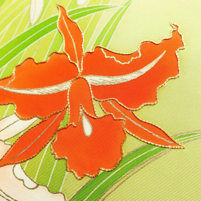 名古屋帯 太鼓柄 良品 金駒刺繍 正絹 花柄 名古屋仕立て 金彩 帯 緑・うぐいす色_画像3