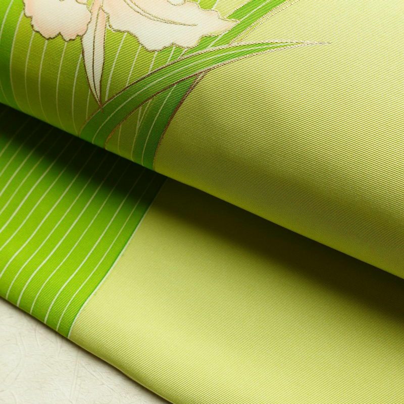 名古屋帯 太鼓柄 良品 金駒刺繍 正絹 花柄 名古屋仕立て 金彩 帯 緑・うぐいす色_画像8