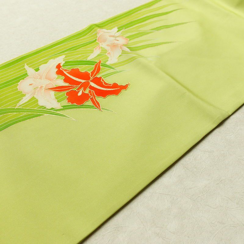 名古屋帯 太鼓柄 良品 金駒刺繍 正絹 花柄 名古屋仕立て 金彩 帯 緑・うぐいす色_画像11