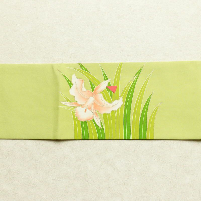 名古屋帯 太鼓柄 良品 金駒刺繍 正絹 花柄 名古屋仕立て 金彩 帯 緑・うぐいす色_画像13