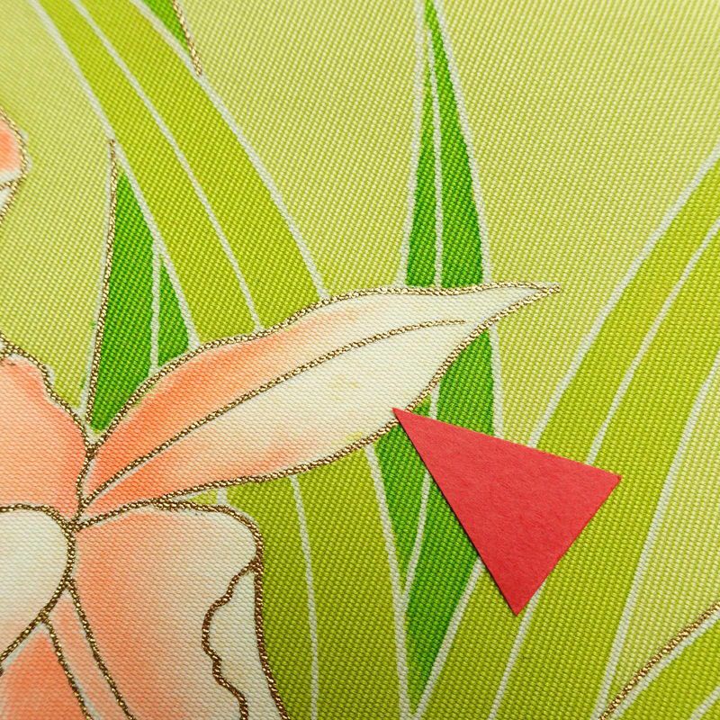 名古屋帯 太鼓柄 良品 金駒刺繍 正絹 花柄 名古屋仕立て 金彩 帯 緑・うぐいす色_画像14