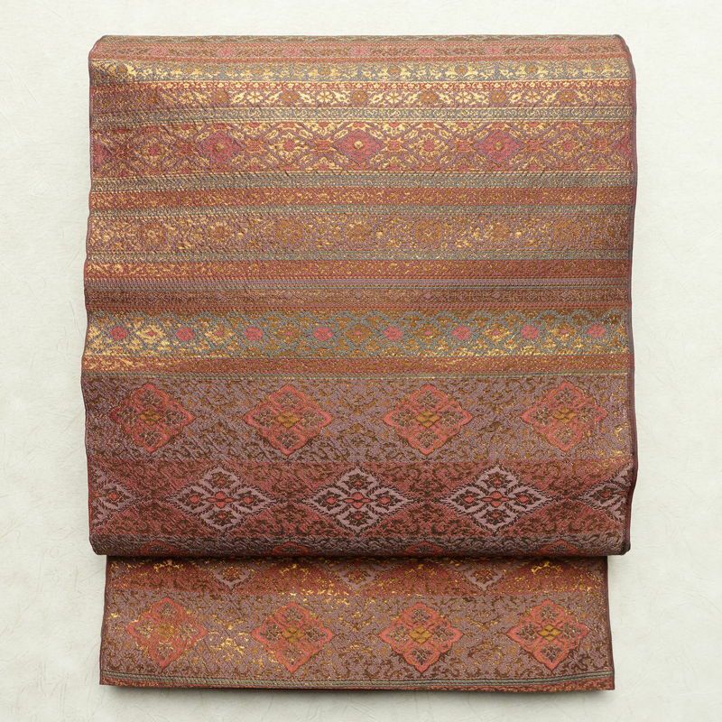 袋帯 六通柄 フォーマル用 正絹 縞柄・線柄 箔 帯 紫・藤色_画像1