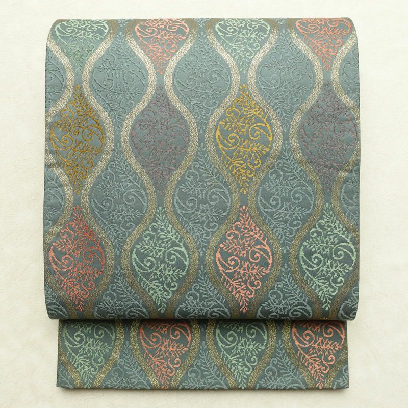 袋帯 六通柄 フォーマル用 正絹 流水・波柄 立涌 帯 緑・うぐいす色_画像1