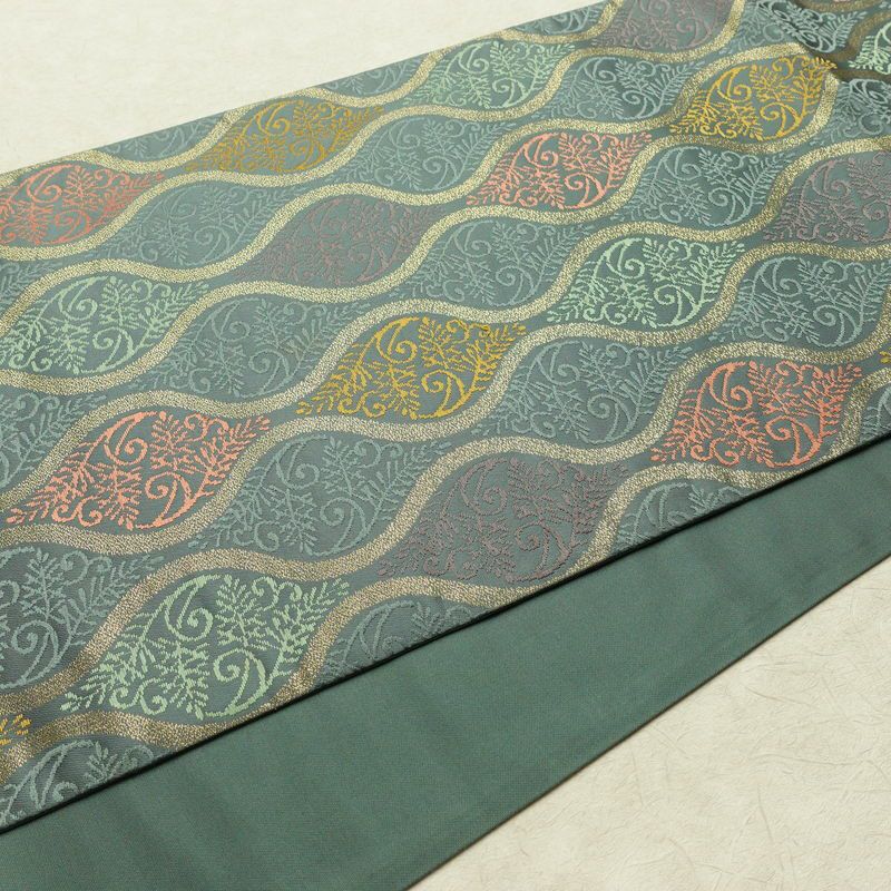 袋帯 六通柄 フォーマル用 正絹 流水・波柄 立涌 帯 緑・うぐいす色_画像12