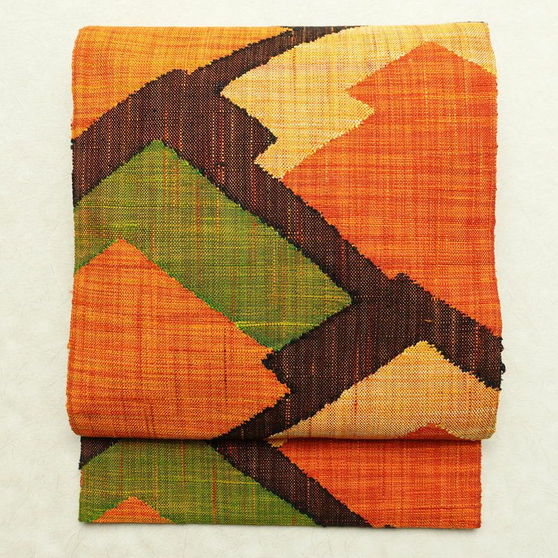 名古屋帯 紬地 六通柄 美品 正絹 幾何学柄・抽象柄 松葉仕立て 帯 橙_画像1