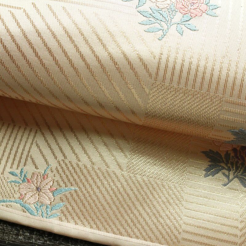 名古屋帯 六通柄 良品 正絹 花柄 名古屋仕立て 箔 帯 ピンク_画像5