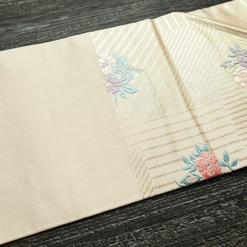 名古屋帯 六通柄 良品 正絹 花柄 名古屋仕立て 箔 帯 ピンク_画像12