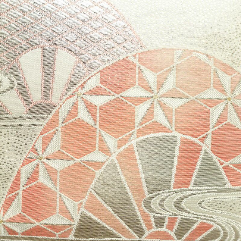 名古屋帯 やまとオリジナル パール箔 太鼓柄 正絹 古典柄 名古屋仕立て 箔 銀糸 帯 白_画像2