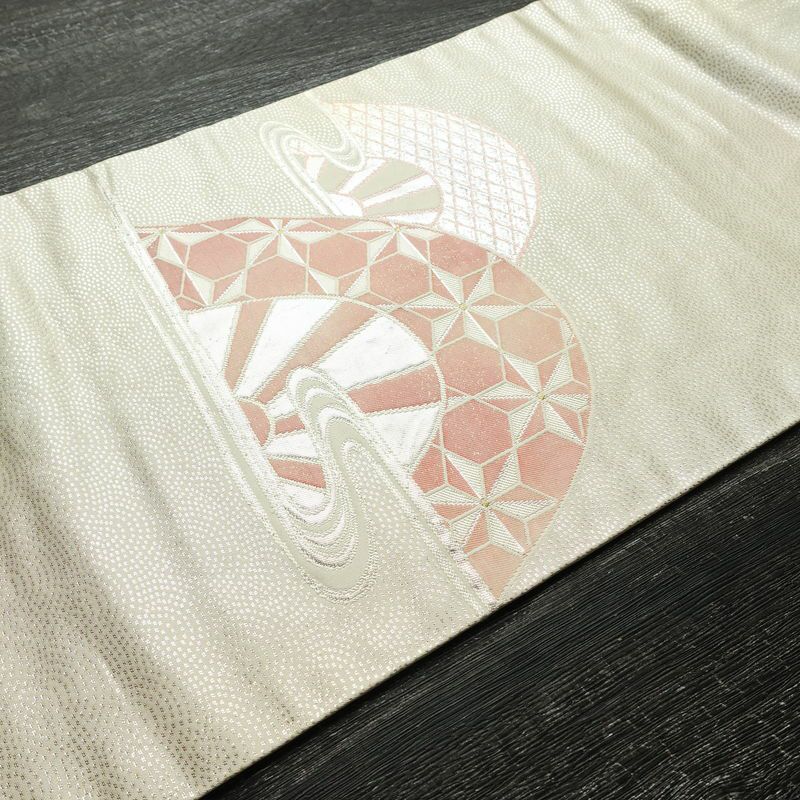 名古屋帯 やまとオリジナル パール箔 太鼓柄 正絹 古典柄 名古屋仕立て 箔 銀糸 帯 白_画像11