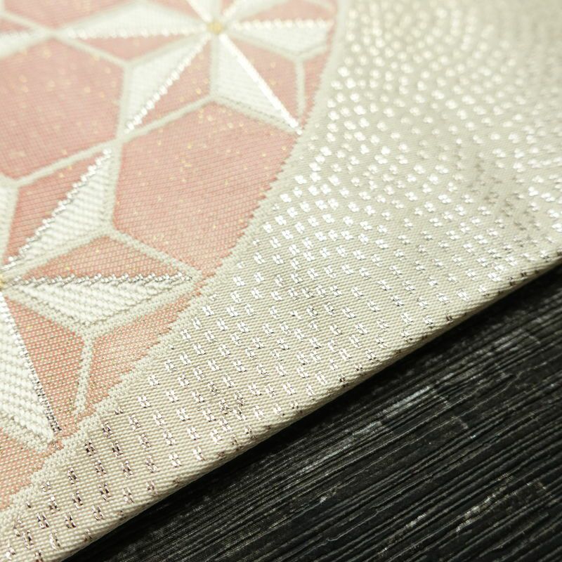 名古屋帯 やまとオリジナル パール箔 太鼓柄 正絹 古典柄 名古屋仕立て 箔 銀糸 帯 白_画像12