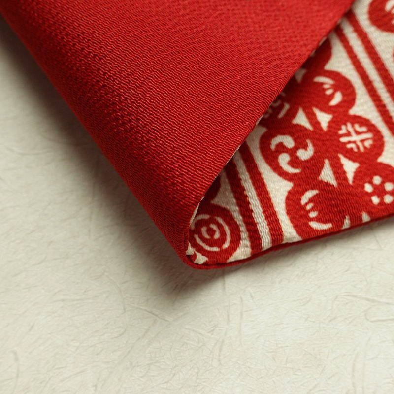 名古屋帯 全通柄 良品 縮緬 正絹 縞柄・線柄 名古屋仕立て 帯 赤・朱_画像9