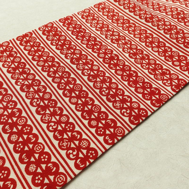 名古屋帯 全通柄 良品 縮緬 正絹 縞柄・線柄 名古屋仕立て 帯 赤・朱_画像10