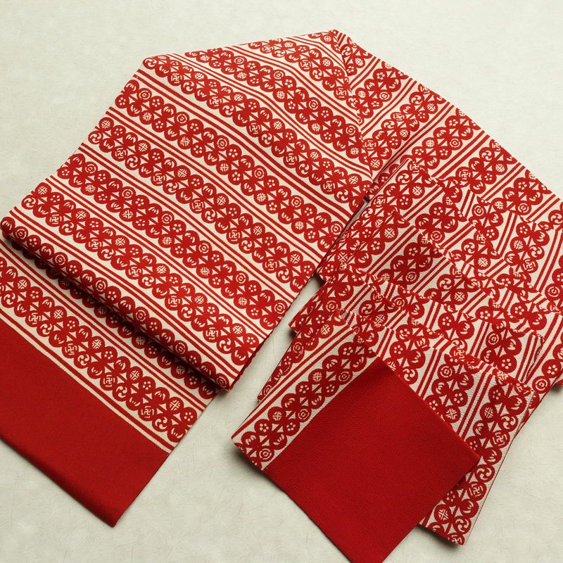 名古屋帯 全通柄 良品 縮緬 正絹 縞柄・線柄 名古屋仕立て 帯 赤・朱_画像17