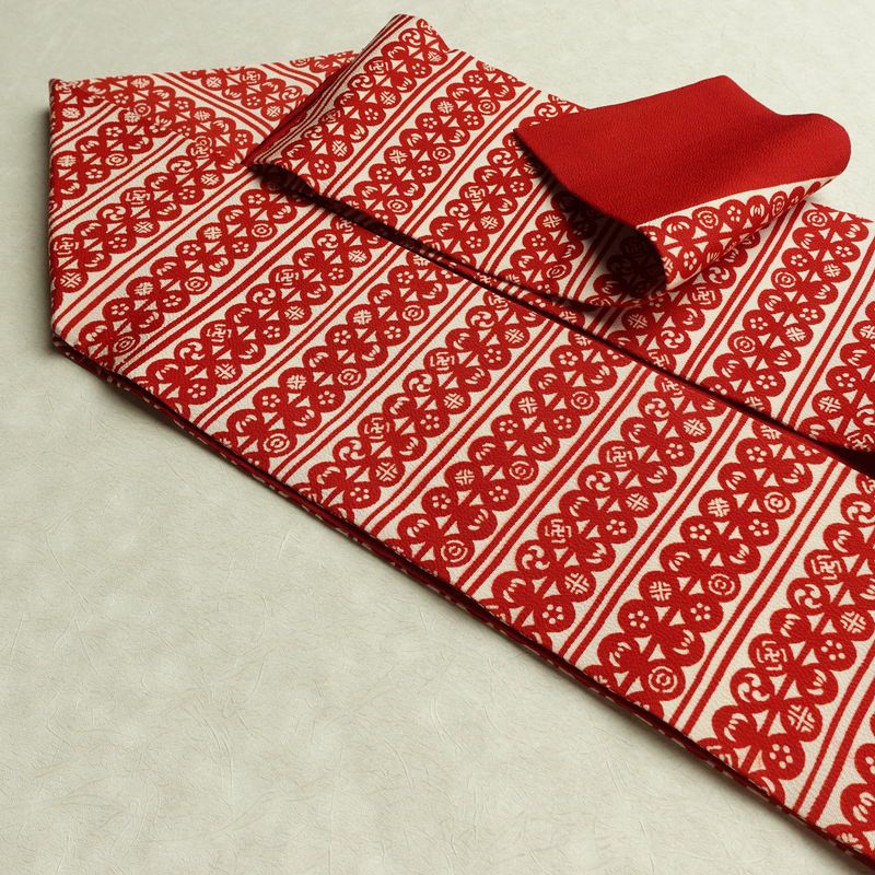 名古屋帯 全通柄 良品 縮緬 正絹 縞柄・線柄 名古屋仕立て 帯 赤・朱_画像21