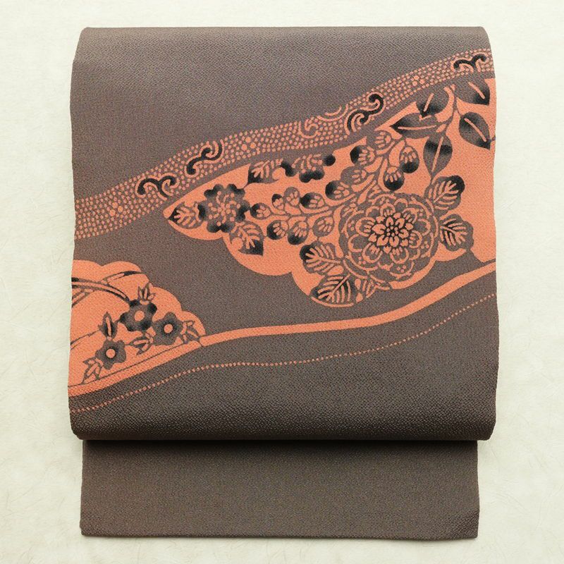 名古屋帯 草木手染 太鼓柄 縮緬 正絹 花柄 通し仕立て 帯 紫・藤色_画像1