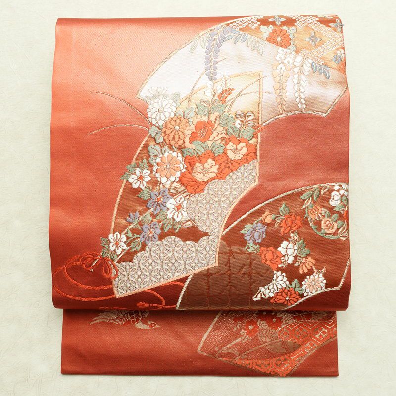名古屋帯 桃山招宴文 本金箔 太鼓柄 美品 正絹 花柄 名古屋仕立て 箔 フォーマル 扇面 帯 赤・朱_画像1
