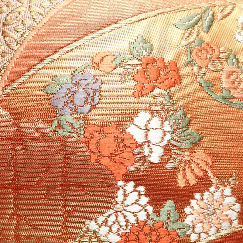 名古屋帯 桃山招宴文 本金箔 太鼓柄 美品 正絹 花柄 名古屋仕立て 箔 フォーマル 扇面 帯 赤・朱_画像6