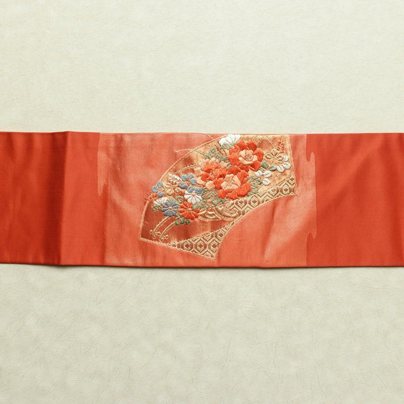 名古屋帯 桃山招宴文 本金箔 太鼓柄 美品 正絹 花柄 名古屋仕立て 箔 フォーマル 扇面 帯 赤・朱_画像14