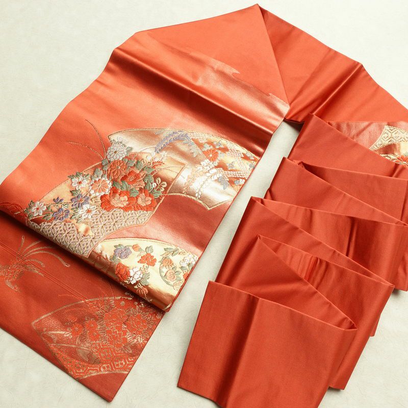 名古屋帯 桃山招宴文 本金箔 太鼓柄 美品 正絹 花柄 名古屋仕立て 箔 フォーマル 扇面 帯 赤・朱_画像16