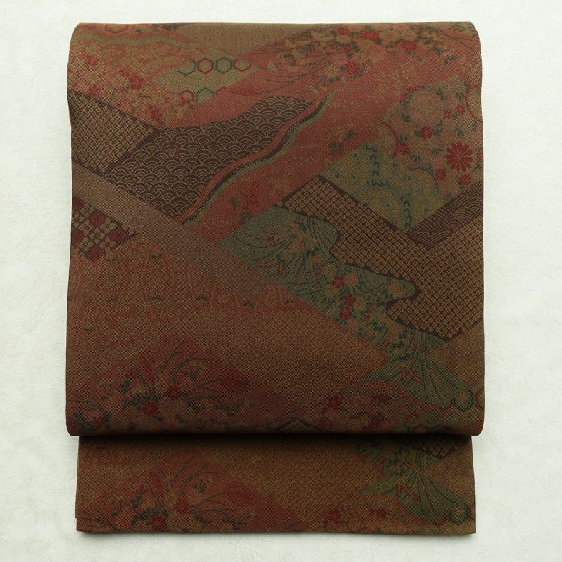 袋帯 全通柄 良品 一般用 正絹 古典柄 帯 茶_画像1