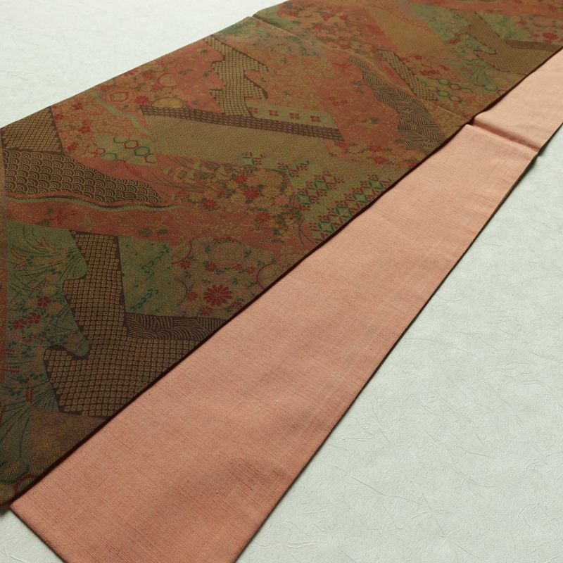 袋帯 全通柄 良品 一般用 正絹 古典柄 帯 茶_画像8